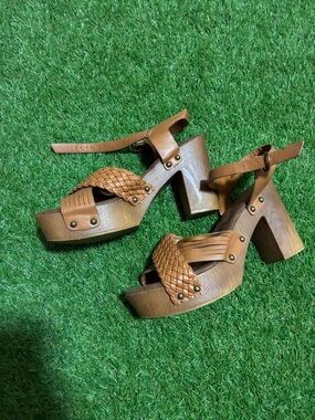 Women's Tan Woven Strap Ankle-Wrap Sandals